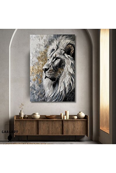 GAAGART Tekli Dikey Kanvas Tablo Yağlı Boya Görünümlü Silver Gold Aslan Portresi