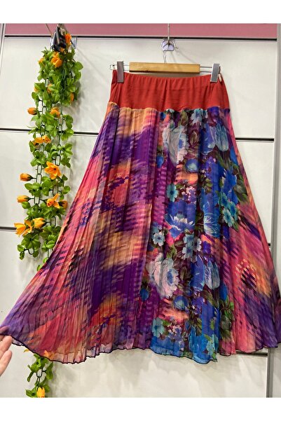 edu collection Desenli midi boy şifon ÇAN etek astarlı boy 85 cm