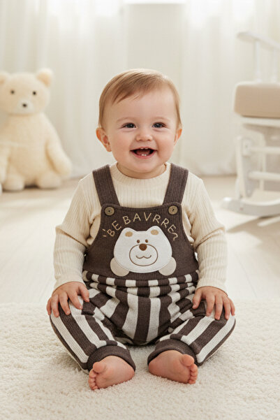 Lindakids Önü Nakışlı Ahşap Düğmeli % 100 Organik Pamuk Bebek Salopet Takım 6...