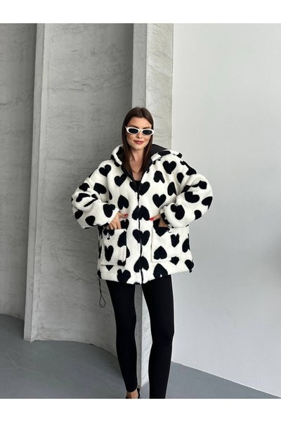 Hazinedan Kadın Kalp Desenli Kapüşonlu Fermuarlı Polar Mont