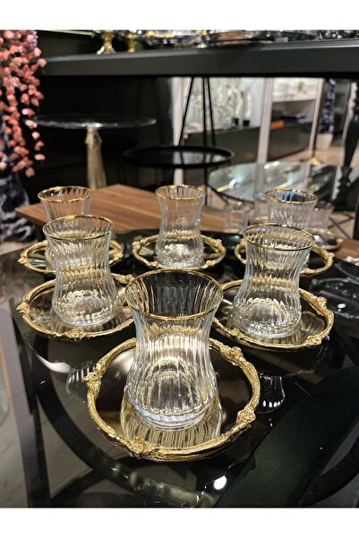 P&ORA PREMIUM KITCHEN PRODUCTS First CLASS Gold tabak Gold Kristal Bardak 6 kişilik ÇAY SETİ