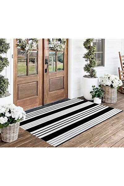 Generic HOXCIK Front Porch Rug 24'' x 51'' Black and White Striped Outdoor Rug Washable Front Door Mat Entr