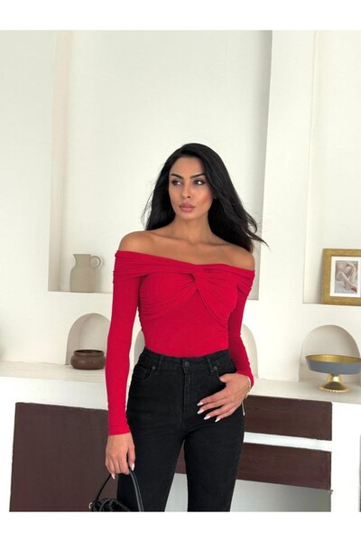 REELMODA Women's Red Madonna Collar with Knot Detail on the Front Long Sleeve Stylish Sendy Blouse