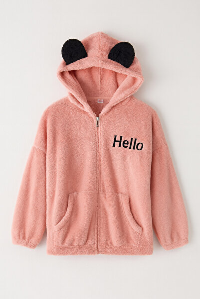 Hirazenmoda Cardigan de pluș pentru fetiță, cu broderie Hello, supradimension...