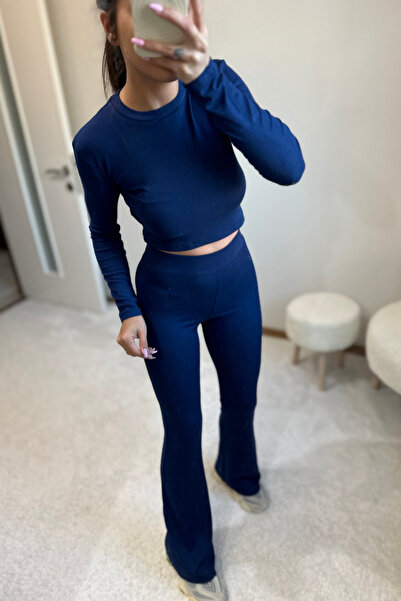 MoyStore Soft Draped Top and Bottom Set Navy Blue