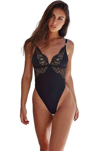 Fallen Askılı Dantel Detaylı Ribana Kumaş Yüksek Kesim İç Giyim Body