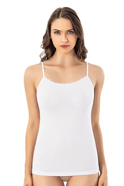 Mona Group Women's Wavy Lace Collar Viscose Thin Strap Undershirt White - Whi...