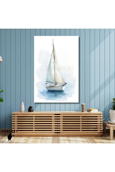 GAAGART Tekli Dikey Kanvas Tablo Mavi Deniz ve Yelkenli İllüstrasyonu
