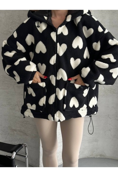 Hazinedan Kadın Kalp Desenli Kapüşonlu Fermuarlı Polar Mont