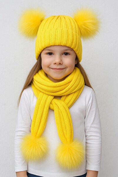 ŞAPKAKİDS SET DE TRICOTAJ GALBEN CU POMPON DUBĂ, Eșarfă, Beretă