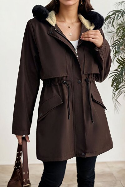 hiramir Yeni Sezon Kapüşon Önü Uzun Tüylü İçi Astarlı Mont Kahverengi KS2533