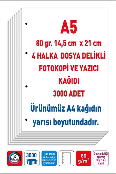 EserMatbaa Eser 4 Delikli Navigator Marka A5 Fotokopi Yazıcı Kağıdı 80 Gr. 30...