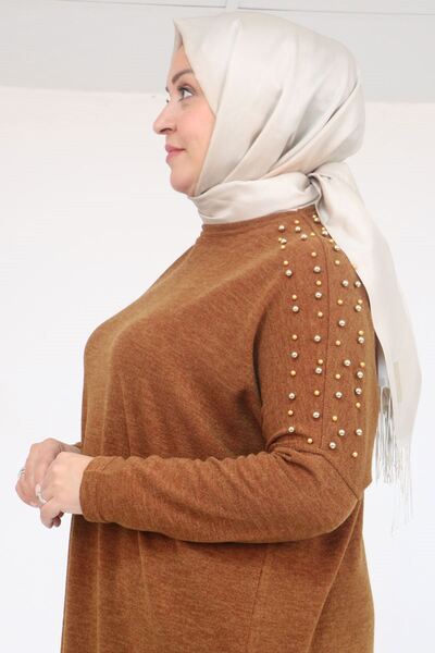 Eslina 58152 Μεγάλο μέγεθος Düşükκol Τούνικ με λεπτομέρεια από πέτρα στους ώμους - Μαύρο