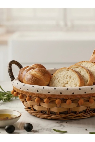 EMPIEM Kahverengi Hasır Puantiyeli Ekmek Sepeti, Çap 25cm - Yükseklik 15cm(Sa...