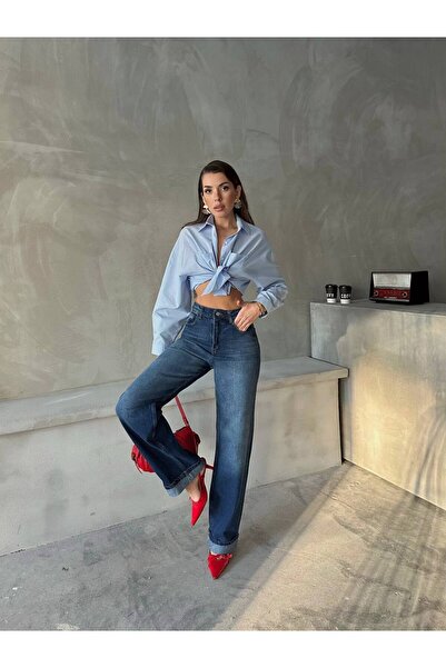 TAANFASHİON LACİVERT GENİŞ DUBLE PAÇASI KATLI KOT PANTOLON JEANS