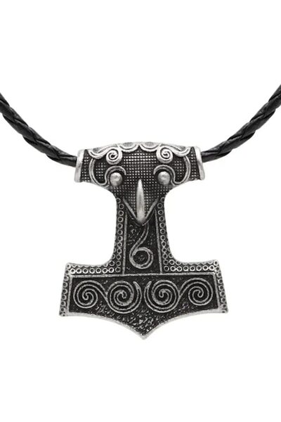 Tessero Colier viking din piele cu pandantiv ciocanul lui Thor,