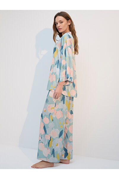 ANEF NORA Kadın İpek Saten Çiçek Desenli Pijama Takımı – Rahat Kalıp, Şık ve Lüks Ev Giyim