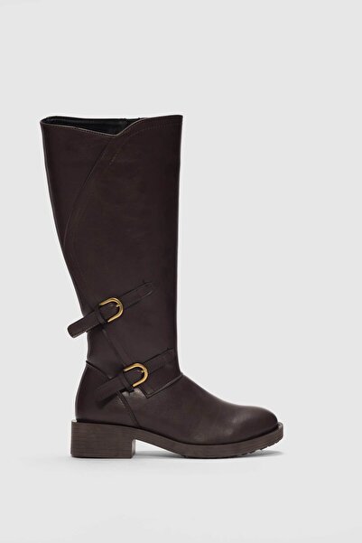 selinshoes Albues Çift Toka Detaylı Kadın Çizme-KAHVERENGİ