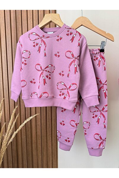 Magu Girl's Cotton Pink Ribbon Patterned Tracksuit Set - Heart Patterned Sweatshirt and Bottoms