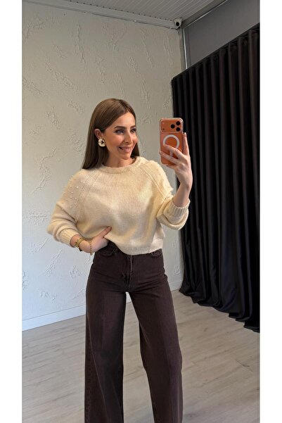 elif teke İncili Triko Kazak Krem