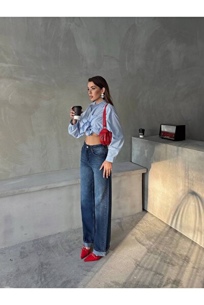 TAANFASHİON LACİVERT GENİŞ DUBLE PAÇASI KATLI KOT PANTOLON JEANS