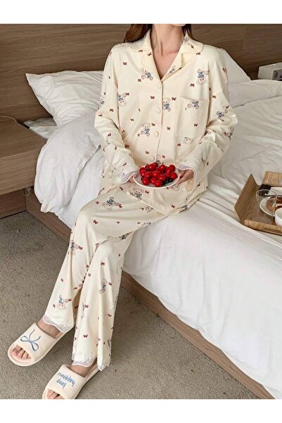 AURASTİL Kadın Uzun Kollu DÜğmeli Mini Ayıcık Dantelli Pijama Takımı MİŞŞA