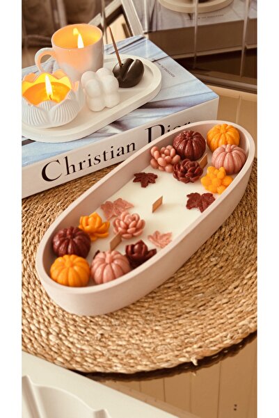 MYELFA Balkabağı Süslemeli Sonbahar Temalı Doğal Yapım Soya Wax Büyük Kayık Tabakda Dekoratif Mum