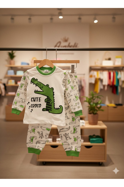 Jasminya Boy's Green Crocodile Patterned Cotton Long Sleeve Pajama Set