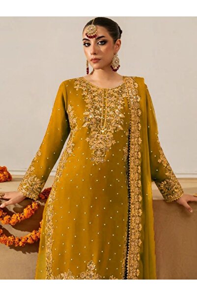 MYSMAR Yellow Faux Gorgette Top Palazzo & Dupatta - HRT5265 | Yellow