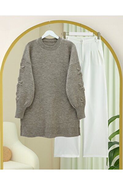 Modamorfo Round Neck Soft Knit Sweater with Handle Flower Detail -Toprak