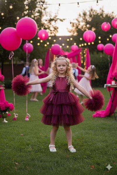 ABİYEKİDS Pompom Sleeves Buckle Birthday Party Show April 23 Graduation Dress Aby160