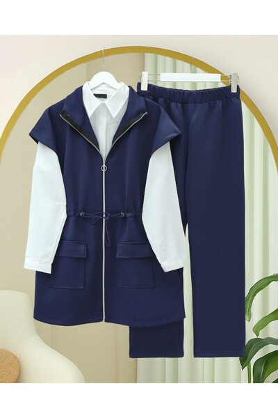 Modamorfo Double Pocket Zippered Rubber Detailed Short Sleeve Scuba Suit - Navy