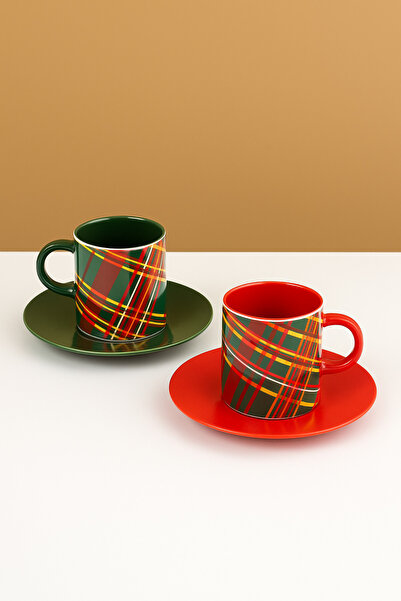 welcomein New Year Concept 2-Piece Coffee Cup Set – Red and Green Patterned, Porcelain, Gift Set