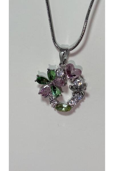 NİSA HOME Kadın Renkli Taşlı Kalp ve Yonca Tasarımlı Kadın Kolye | Gold ve Gü...