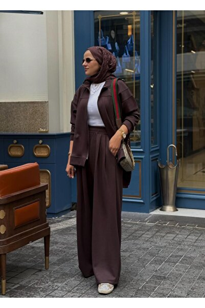 Aselim Hijap Moda Urban Ease Modal Σετ Τεσσερικό Μαντιλάκι με Μπουφάν και Παντελόνι Παλαζό με Φαρδιά Πόδια Ανοιχτό Καφέ