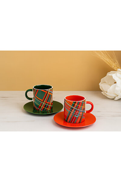 welcomein New Year Concept 2-Piece Coffee Cup Set – Red and Green Patterned, Porcelain, Gift Set