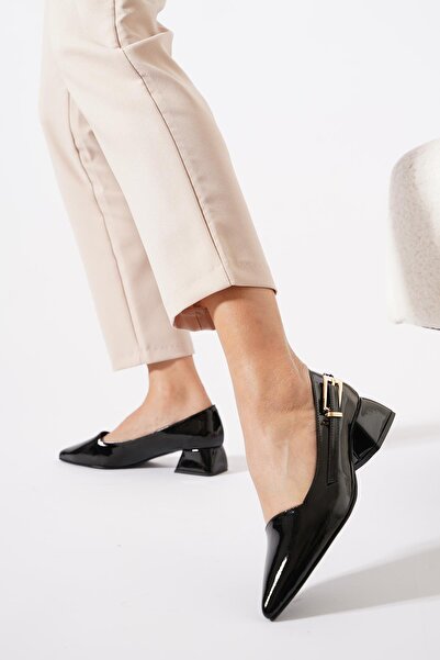 Moda Pie Kelan Yan Tokalı Topuklu Kadın Babet Siyah Rugan