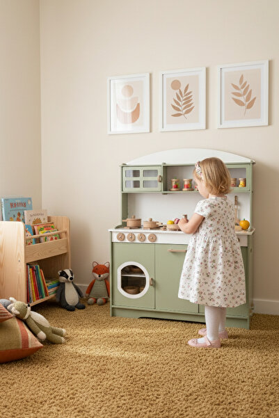 HOBBY HOUSE Ihlamur Yeşili Montessori Ahşap Mutfak Seti Led ve 9 Parça Servis Seti Hediyeli