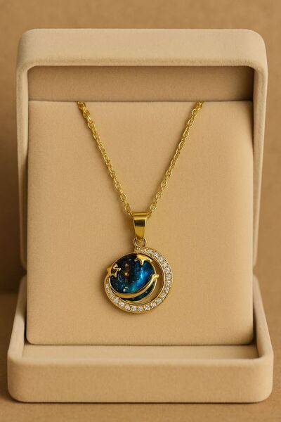 ESYURA ACCESSORIES Çelik Kolye - Mavi Taşlı Evren Gökyüzü Gold Zirkon Çerçeveli Paslanmaz Çelik