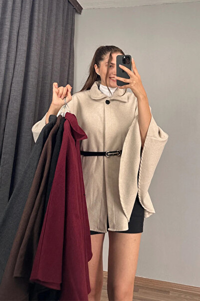 LİMABEL Lima Women's Waist Belted Cashmere Cream Poncho New Season Stylish Oversized Trendy and Comfortable Modern Outerwear