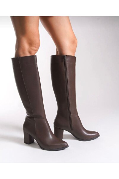 DS AYAKKABI Γυναικείες μπότες με φερμουάρ καφέ καφέ με τακούνι κάτω από το γόνατο Καφέ 7 εκ.