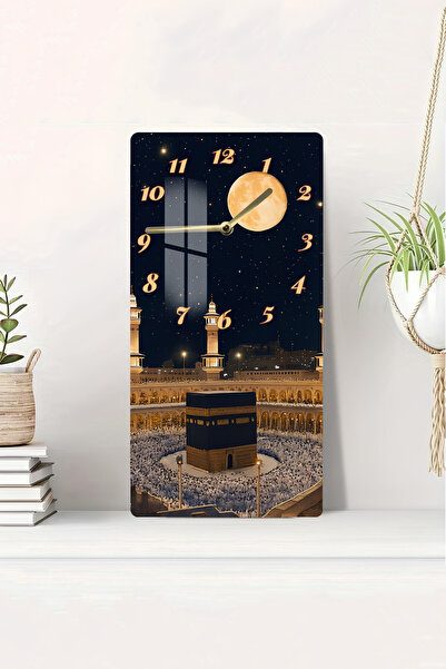 kutuTR Kâbe Ay Işığı Manzaralı Temperli Cam Tablo Saat 30x60 cm |HD UV Baskı–...