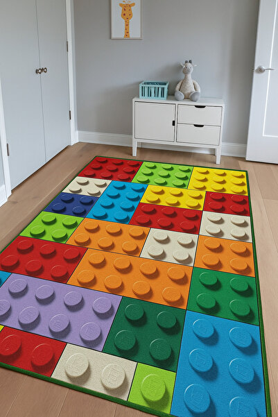 new colourse Renkli Lego Desenli Çocuk Odası Halısı – Yumuşak, Kaymaz ve Maki...