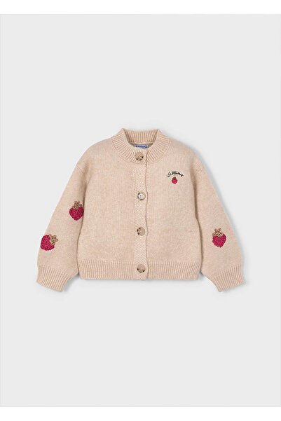 MAYORAL Winter Girls' Strawberry Embroidered Knitted Cardigan - Beige