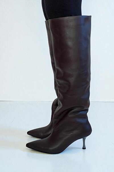 ERS Air Comfort Acı Kahve Hakiki Deri Kadın Diz Altı Çizme 7 cm Metal İnce Topuk Sivri Burun