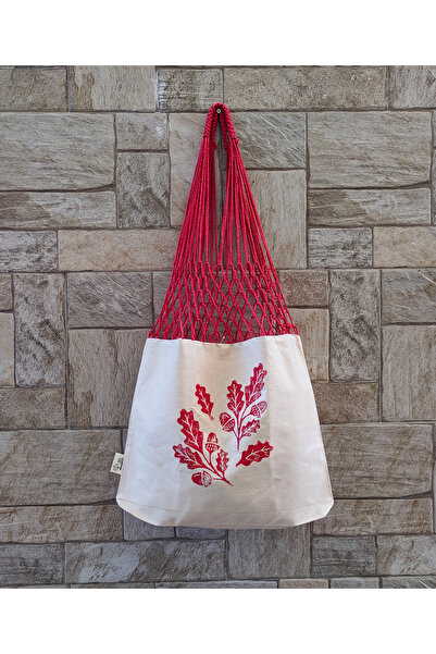 OBİDEV Meşe Palamutlu Linol Baskı Kırmızı File Çanta