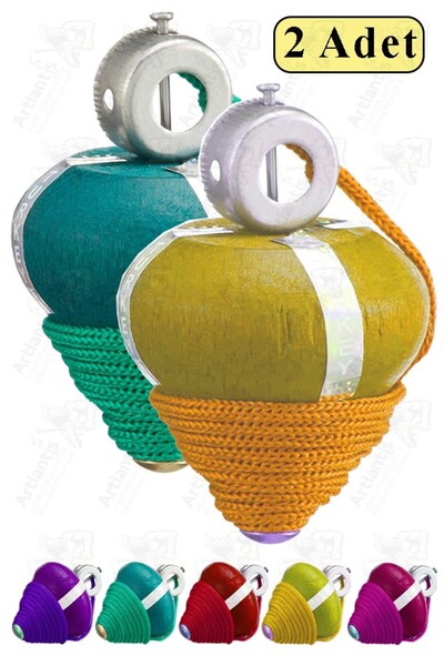 Artlantis Ahşap Topaç 2 Adet Renkli Kaliteli Ahşap Topaç İpli Dönene Zilli Ağaç Topaç Nostaljik Oyuncak Gelene