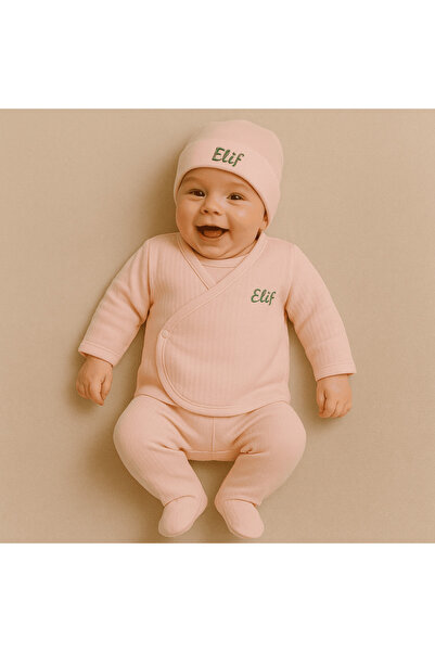 Tesbihane İsme Özel Nakışlı Pembe Müslin Kumaştan 7 li Yenidoğan Hastane Çıkış Bebek Takımı