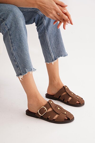 Moda Pie Papuci de damă Telga cu cataramă laterală, piele de căprioară maro