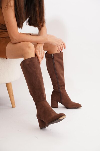 Moda Pie Heper Parçalı Kadın Topuklu Çizme Kahve Süet